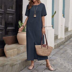 Women's cotton and linen solid color loose round neck short sleeve dress